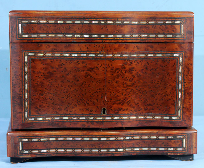 019b - Tantalus set with ornate inlaid mother of pearl case, most parts original with 1 missing bottle, 10 in. T, 12 in. W.9 in. D.