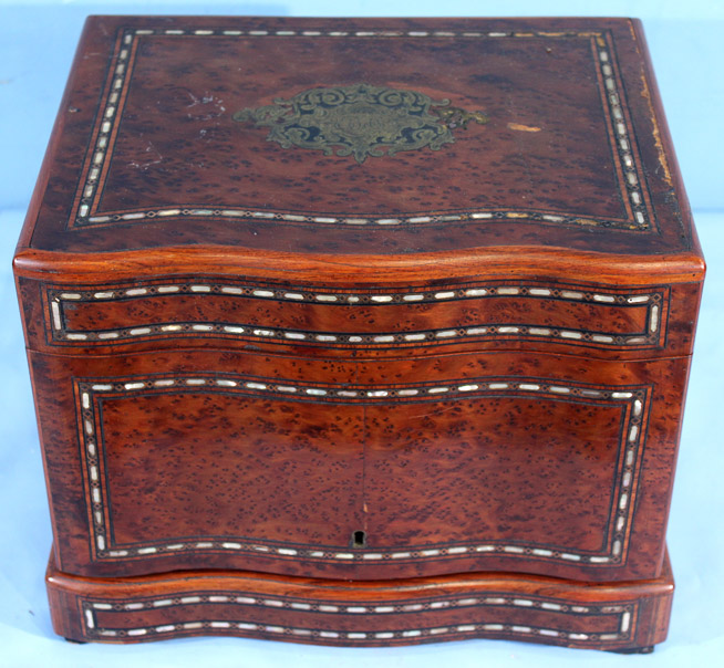 019c - Tantalus set with ornate inlaid mother of pearl case, most parts original with 1 missing bottle, 10 in. T, 12 in. W.9 in. D.