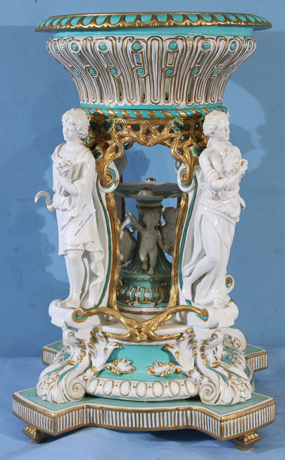 025a - Large Dresden centerpiece with figures of the four seasons, hand painted with gold enamel paint, 27 in T, 16 in. R.