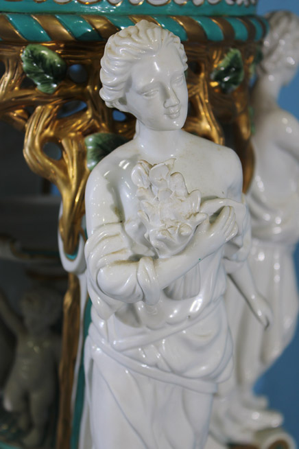 025b - Large Dresden centerpiece with figures of the four seasons, hand painted with gold enamel paint, 27 in T, 16 in. R.