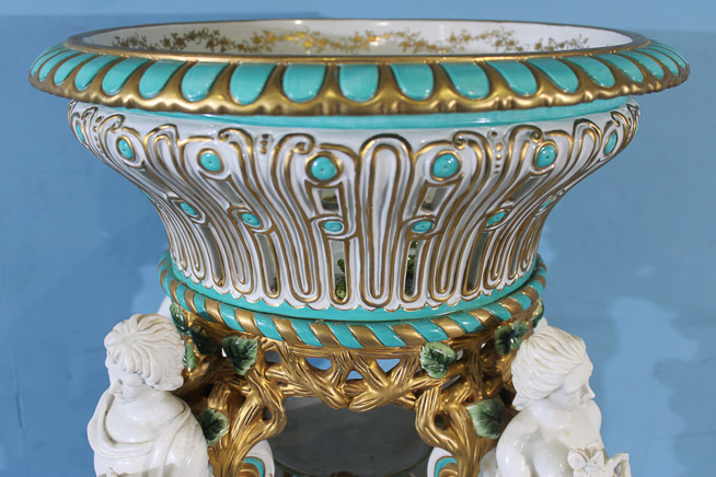 025c - Large Dresden centerpiece with figures of the four seasons, hand painted with gold enamel paint, 27 in T, 16 in. R.