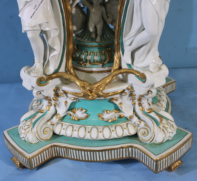 025d - Large Dresden centerpiece with figures of the four seasons, hand painted with gold enamel paint, 27 in T, 16 in. R.