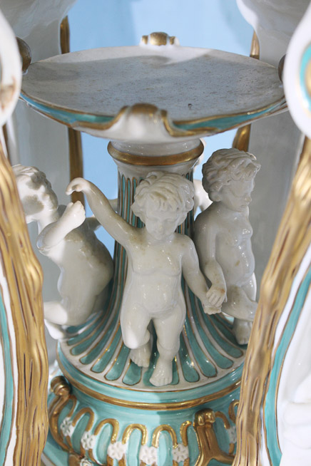 025e - Large Dresden centerpiece with figures of the four seasons, hand painted with gold enamel paint, 27 in T, 16 in. R.