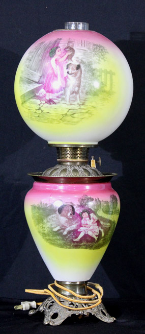 026a - Hand painted gone with the wind lamp with figures of a woman and dog on shade and base, 26 in. T.