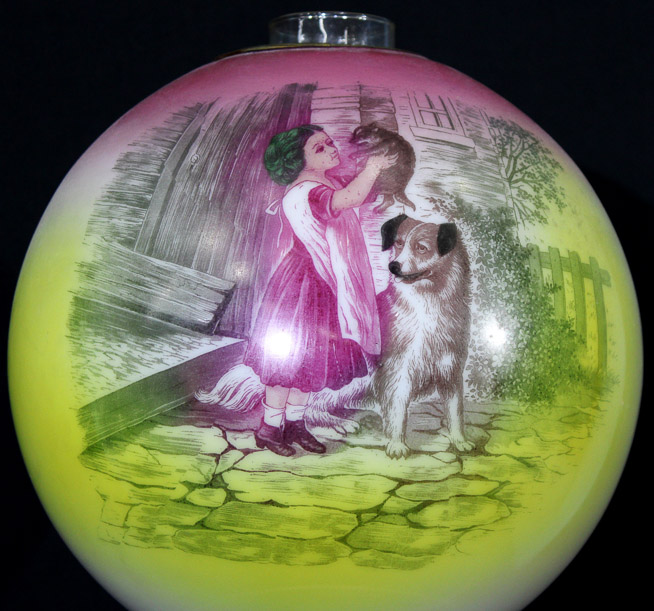 026b - Hand painted gone with the wind lamp with figures of a woman and dog on shade and base, 26 in. T.