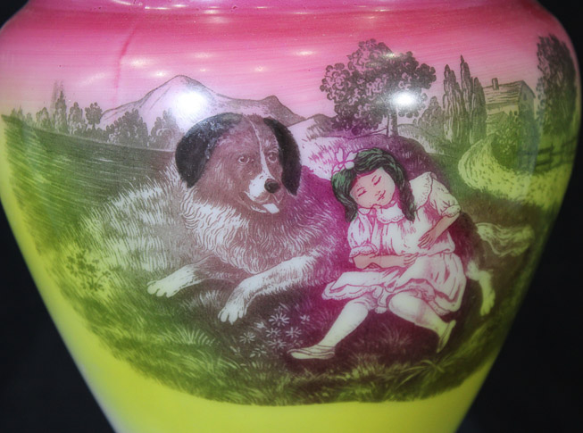 026c - Hand painted gone with the wind lamp with figures of a woman and dog on shade and base, 26 in. T.