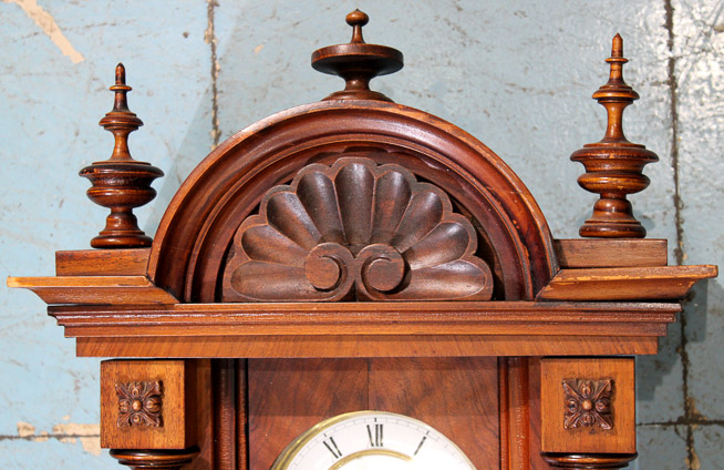 031d - Walnut Junghans wall clock, all original with key and pendulum, 39 in. T, 16 in. W, 9 in. D.