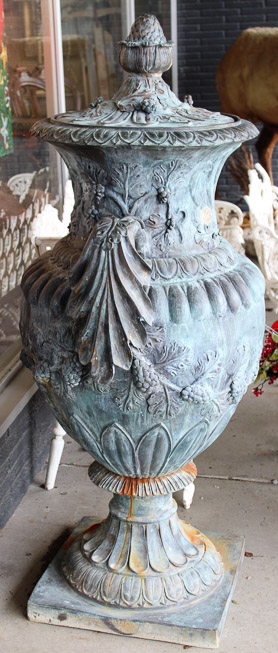 034b - Palace Size solid bronze capped garden urns 61 in. T, 31 in. W, 21 in. D