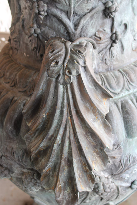 034c - Palace Size solid bronze capped garden urns 61 in. T, 31 in. W, 21 in. D