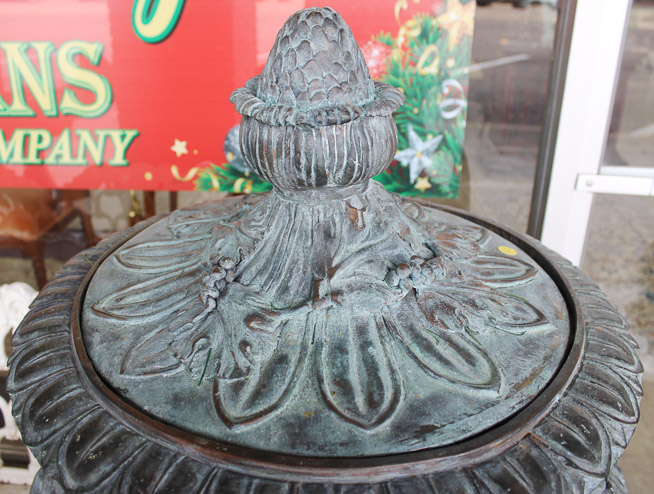 034d -Palace Size solid bronze capped garden urns 61 in. T, 31 in. W, 21 in. D