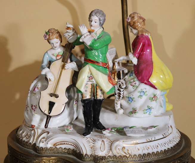 002b - Dresden figurine of a musical scene made into a lamp, 24 in. T.