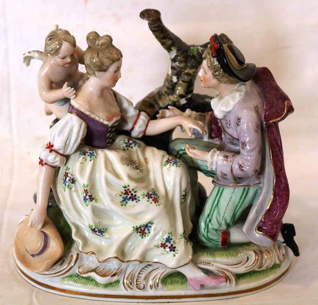 004a - Hand painted porcelain figurine of French scene with cherubs, wedding proposal, 8 in. T, 9 in. W.