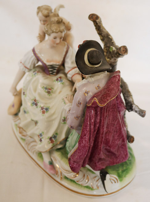 004c - Hand painted porcelain figurine of French scene with cherubs, wedding proposal, 8 in. T, 9 in. W.