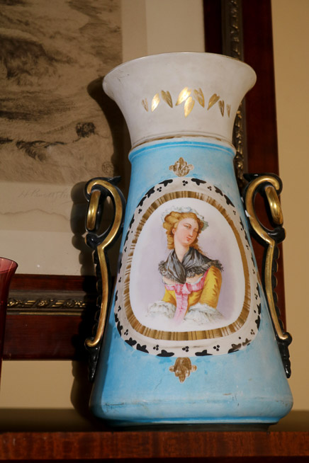 10a - Early blue hand painted Old Paris vase, has damage, 19 in. T, 9.5 in. H-H