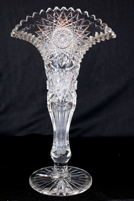 006a - Unusual shape brilliant cut glass napkin vase, 12 in. T, 7 in. W.