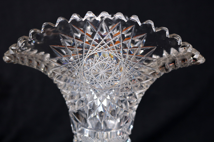 006b - Unusual shape brilliant cut glass napkin vase, 12 in. T, 7 in. W.