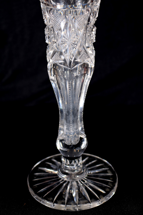 006c - Unusual shape brilliant cut glass napkin vase, 12 in. T, 7 in. W.
