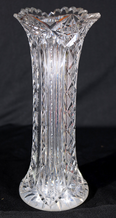 007c - Brilliant cut glass antique flower vase, 10 in. T, 5 in.D.