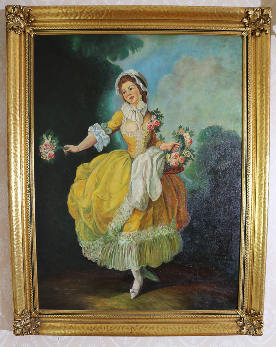 008a - Oil on canvas of flower girl with yellow dress in wonderful gold frame, signed Margaret Stark, ca. 1932, 47 x 37