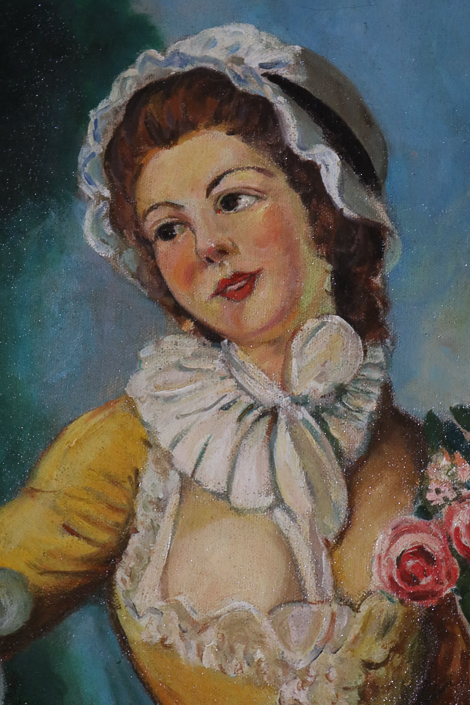 008b - Oil on canvas of flower girl with yellow dress in wonderful gold frame, signed Margaret Stark, ca. 1932, 47 x 37