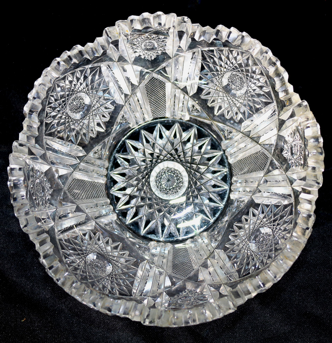 012b - Brilliant cut glass bowl, very heavily cut with star bottom, 3.5 in. T, 8 in. Dia.