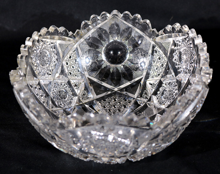 013a - illiant cut glass bowl, has the most unusual cut and rarely seen, 4.5 in. T, 9 in. D.