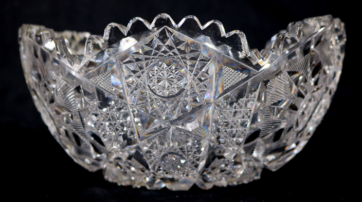 013b - illiant cut glass bowl, has the most unusual cut and rarely seen, 4.5 in. T, 9 in. D.