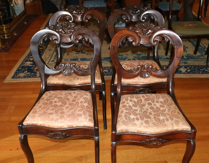 025a - Set of walnut Victorian dining chairs with carved back, 32.5 in. T, 17  in. W, 14 in. D.