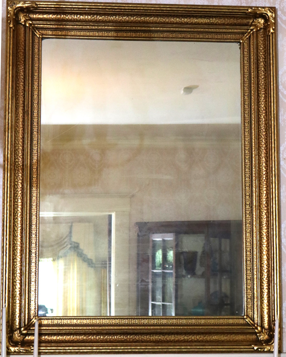 026a - Large Victorian gold leaf hanging wall mirror, 55 in. T, 43.5 in W.