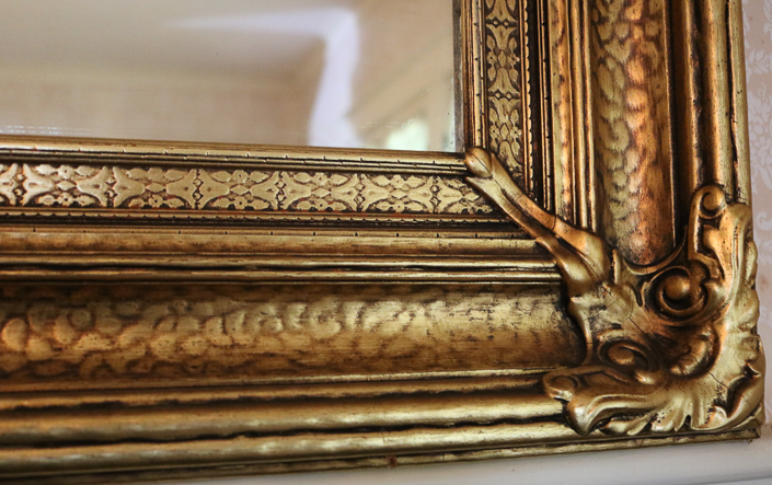 026c - Large Victorian gold leaf hanging wall mirror, 55 in. T, 43.5 in W.