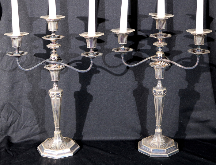 027a - Pair Victorian silver-plate 3 light candlesticks, 17 in. T, 12 in. W.