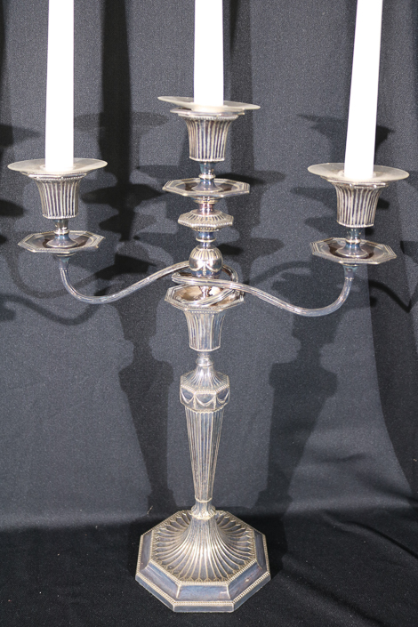 027d - Pair Victorian silver-plate 3 light candlesticks, 17 in. T, 12 in. W.