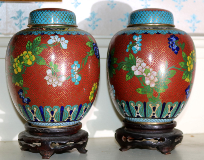 028a - Pair of Cloisonne ginger jars, one with slight damage, 9 in T.