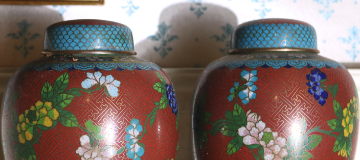 028b - Pair of Cloisonne ginger jars, one with slight damage, 9 in T.