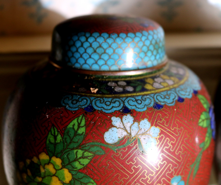 028c - Pair of Cloisonne ginger jars, one with slight damage, 9 in T.