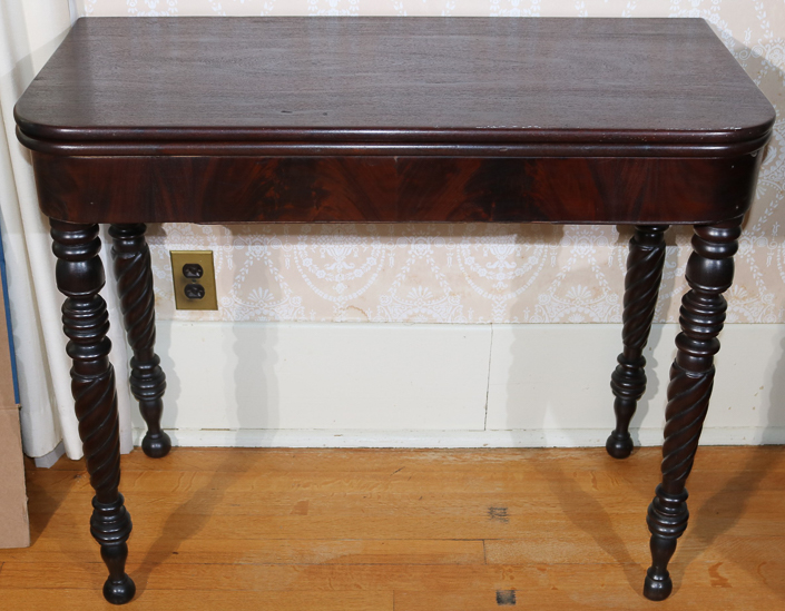 038b - Period mahogany game table with twisted legs, 30 in. T, 36 in. W, 17  in. D.