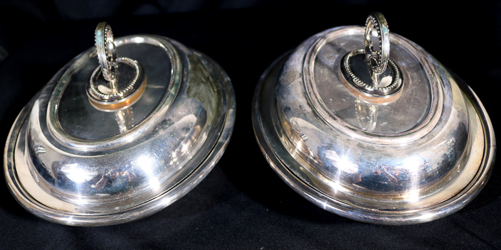 043a - Pair heavy silver-plate serving bowls with lids, Walker and Hall Electroworks, signed Sheffield, 6  in T, 12  in. W, 9 in. D.