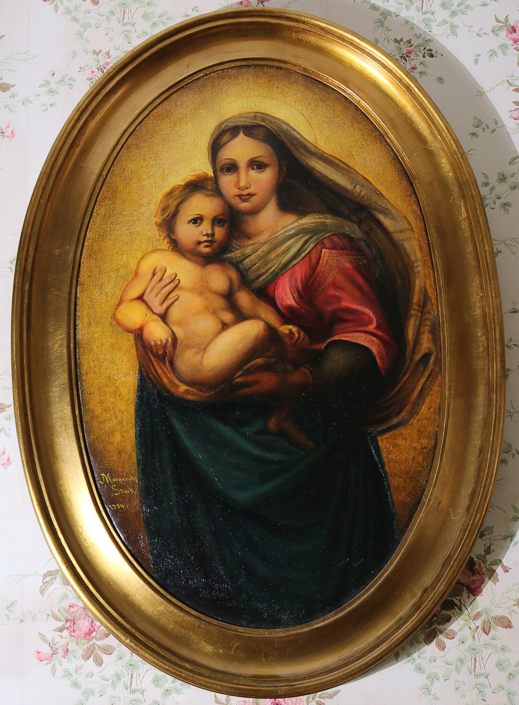 044a - Oval oil on canvas of Madonna and child in gold frame, signed Margaret Stark, 1934, 44 in. T, 30.5 in. W.