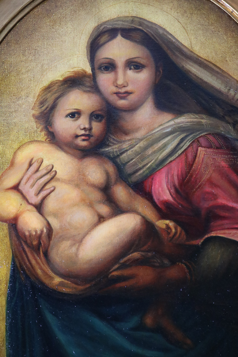044b - Oval oil on canvas of Madonna and child in gold frame, signed Margaret Stark, 1934, 44 in. T, 30.5 in. W.