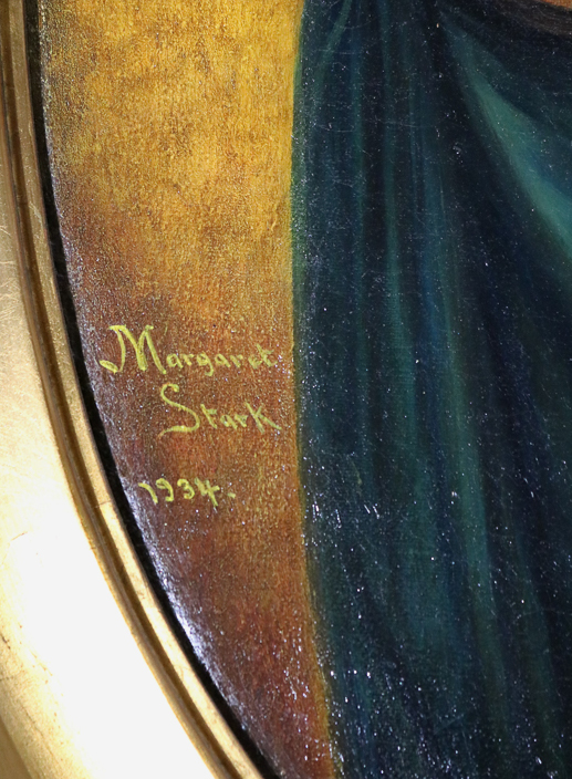 044c - Oval oil on canvas of Madonna and child in gold frame, signed Margaret Stark, 1934, 44 in. T, 30.5 in. W.