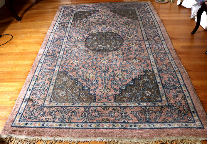 045a - Antique Persian rug in baby blue, mauve and tan, 5 x 8