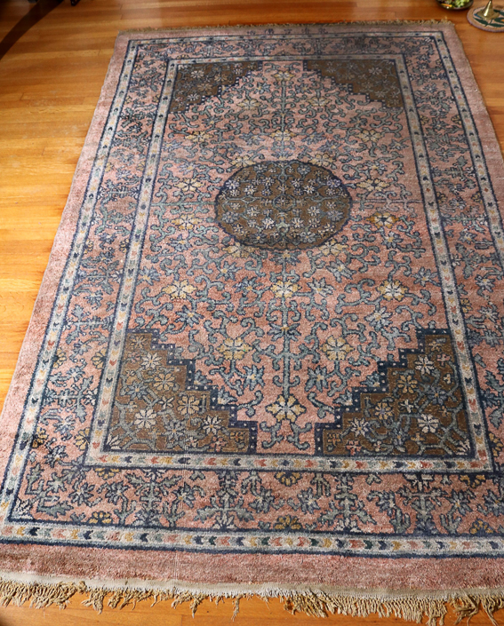 045b - Antique Persian rug in baby blue, mauve and tan, 5 x 8