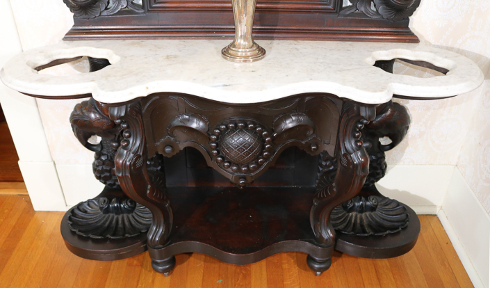 070b - Very rare walnut Victorian hall tree, museum quality carved all over with original marble, 8 ft. 2  in T, 46 in. W.