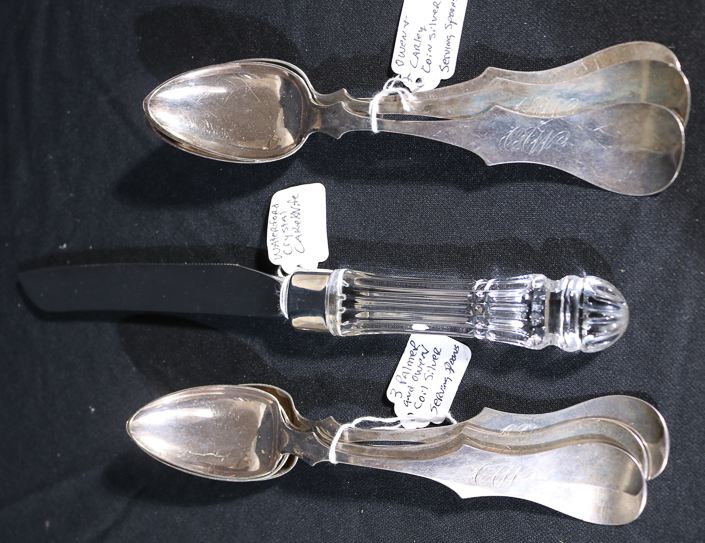 072a - 7 pieces, 3 Palmer and Owen coin silver serving spoons, 3 Owen and Carley coin silver serving spoons, 1 knife with Waterford crystal handle