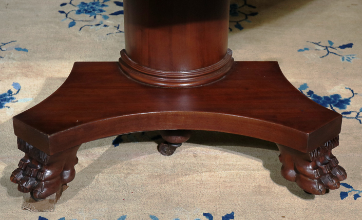 073b - Mahogany Empire banquet table with 5 leaves and claw feet, 54 in. W, 10.1 in. L, 31 in. T.