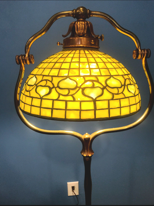 076a -Tiffany bronze floor lamp with bell leaded shade, signed on shade and on foot of lamp, 58 in. T, shade is 12 in. Dia., 6 in. T.
