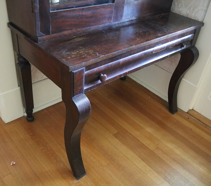 077c - Antique mahogany plantation desk with 2 doors, 1 drawer and wood pulls, from family plantation in LA, 87  in. T, 22 in. W, 25 in. D.