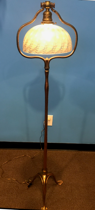 078a - Signed Tiffany bronze floor lamp, with art glass green shade, possibly Tiffany shade, signed on foot, 55 in. T, shade is 10 in. Dia., 6 in. T.