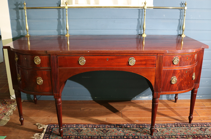 079a - Period Sheraton sideboard with brass backsplash and pulls, all original, 52 in. T, 78 in. L, 32 in. D., ca.  1800