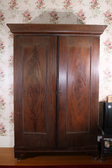 081a - Mahogany Empire wardrobe with beaded trim, 2 doors and full interior, 89.5 in. T, 63 in. W, 23  in. D.